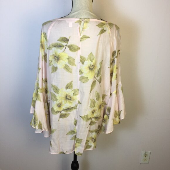 LC Lauren Conrad Blouse Tunic Top XL Womans Pink Yellow Floral Long Bell Sleeve - Picture 3 of 15